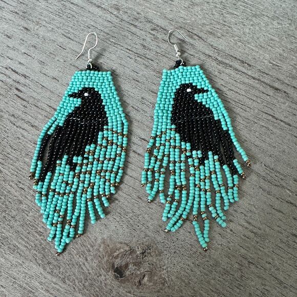 2/$20 Black Bird Teal Bead Fringe Raven Southwestern Earrings - Picture 4 of 8